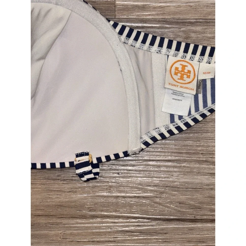 Tory Burch Wms Swim Bikini Top M Blue White‎ Nautical Stripe Tie back Removeable